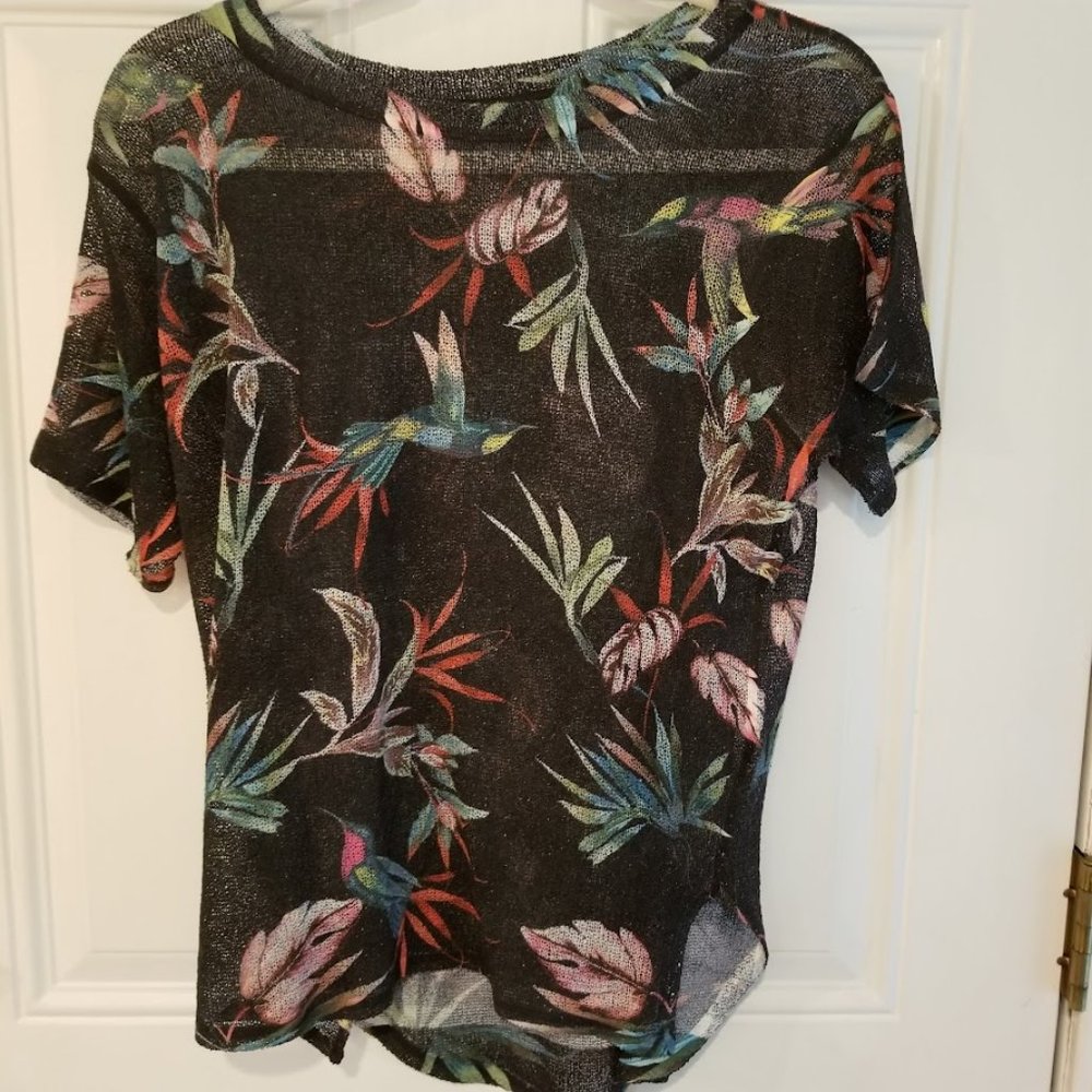 Nally & Millie USA Black Tropical Bird Open Knit Semi Sheer Top, Size Small